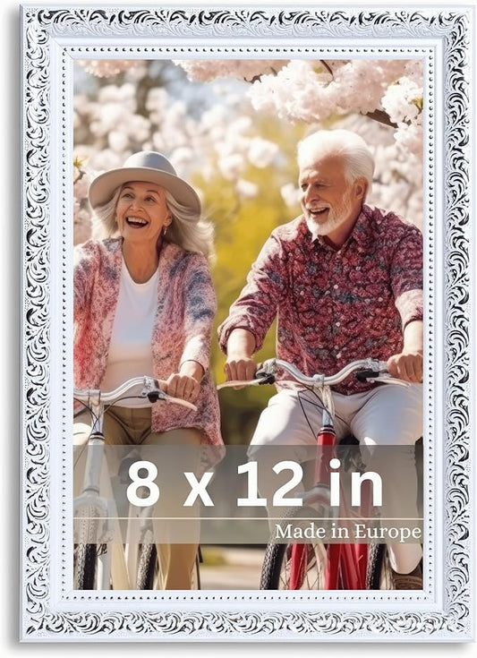 VictoR 8x12 Picture Frame Rubens White Silver - Picture Frames 8x12 - with Shutterproof Acrylic Glass - Antique - White 8 by 12 - only for hanging