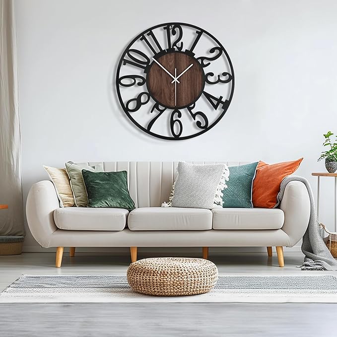 Maxstar Large Round Wall Clock for Living Room Decor Battery Operated Non Ticking Black Metal Wood Clocks for Home Living Room Garden Office Kitchen Decoration -40inch