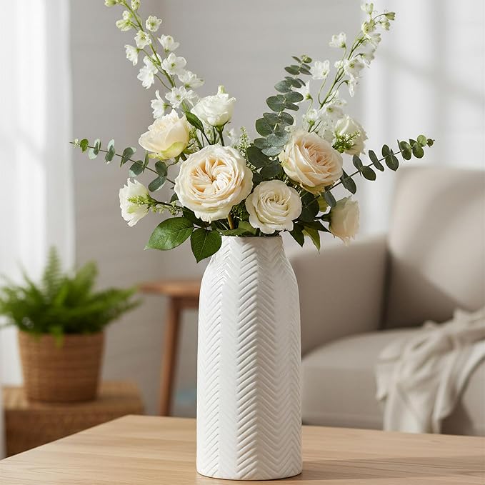 hjn White Vase for Flowers Ceramic Vase for Decor, Modern Decorative Tall Vases for Your Kitchen/Office/Living Room/Bookshelf/Mantel - White Texture(Medium