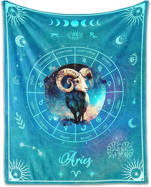 Aries Blanket Gifts, 60" x 50" Rectangular Flannel Zodiac Throw Blanket Cozy, Gift for Boys Girls Teen Women Men Tarot Cards Lovers Birthday Anniversary Festival