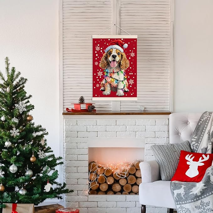 Funny Christmas Cocker Spaniel Poster Hanger with Wood Frame, Christmas Dog Wall Art Decor for Home, Cocker Spaniel Gifts for Women, Xmas Dog Posters for Bedroom Living Room Decor, 12x16 Inch