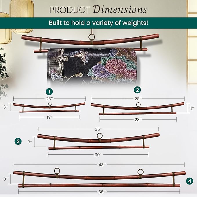 Smoked Bamboo Tapestry Holder, Rug Wall Hanger, Tapestry Wall Hanger, Obi Textile Hanger - Zen Pagoda Style Up to 19", 23", 30" or 36" - Japanese Ikat Kimono Display - Authentically Handmade (Fits 23 Inch tapestry)