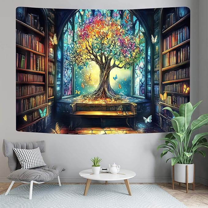 Mysterious Library Tapestry, Fantasy Enchanted Tree Magic Bookshelf Aesthetic Tapestries for Classroom, Witchy Fairy Tree Vintage Bookshelf Book Art Tapestry Wall Hanging College Room Bedroom, 80X60
