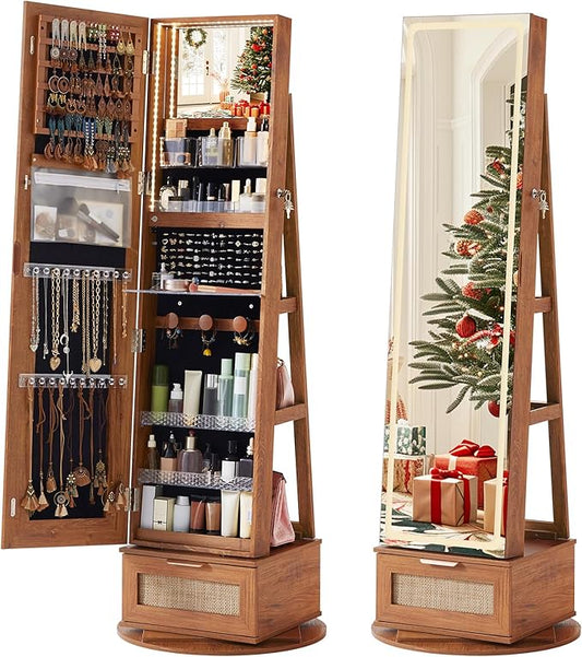Rattan 360° Swivel Jewelry Armoire Cabinet Standing with Full Length Mirror, Lockable Jewelry Organizers and Drawer Storage with 3 Color LED Lights & Interior Mirror Rear Storage Shelves