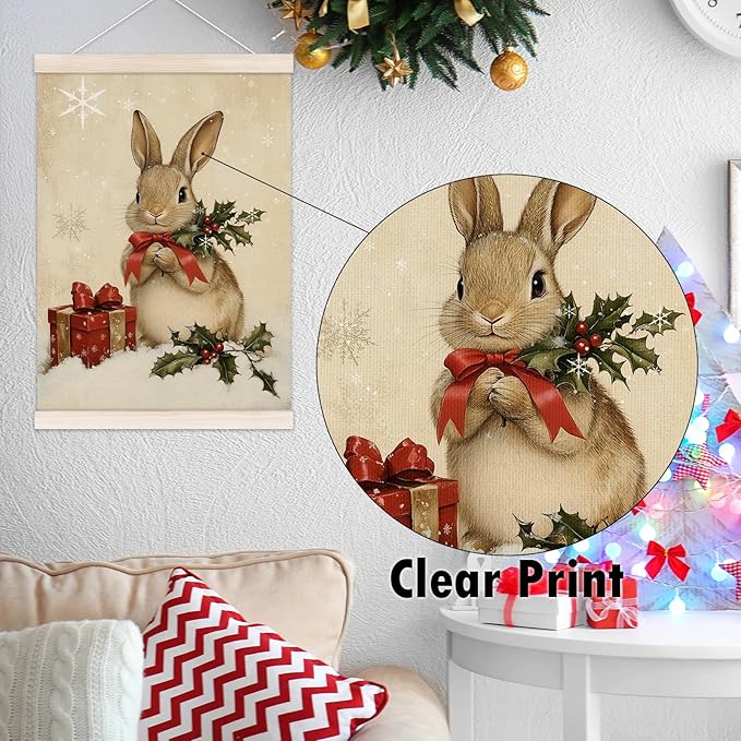 Vintage Christmas Bunny Poster Hanger with Wood Frame, Winter Christmas Bunny Wall Art Decor for Home, Rustic Retro Cute Xmas Rabbit Posters for Bedroom Living Room Decor, 12x16 Inch
