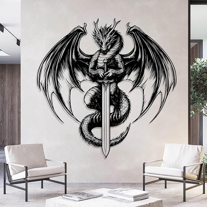 Metal Dragon Wall Decor, Dragon With Sword Metal Wall Art, West Dragon Metal Wall Hanging, Unique Wall Decor, Mythology Wall Art, Modern Room Wall Art, Home Wall Decor (Silver, 39"x39"|100x100cm)