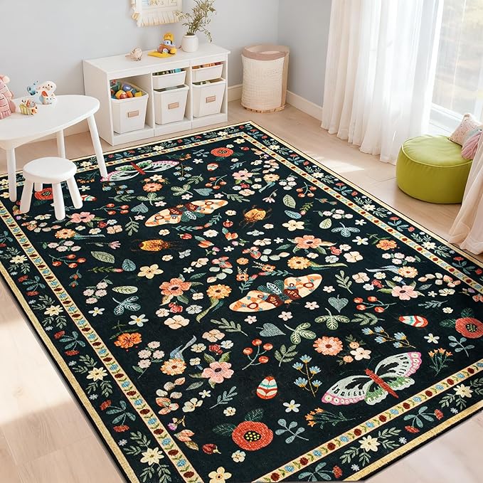 5x7 Area Rug for Living Room, Washable Rugs for Bedroom, Soft Thin Non Slip Indoor Low Pile Carpet for Dining Room, Large Throw Floral Butterfly Carpets for Office Nursery Home Decor, Black