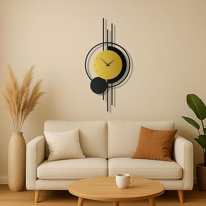 pluviart Geometric Gold and Black Wall Clock – Large Silent Metal Timepiece, Modern Mid-Century Wall Art for Living Room, Office and Home Decor