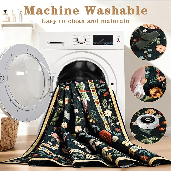 5x7 Area Rug for Living Room, Washable Rugs for Bedroom, Soft Thin Non Slip Indoor Low Pile Carpet for Dining Room, Large Throw Floral Butterfly Carpets for Office Nursery Home Decor, Black