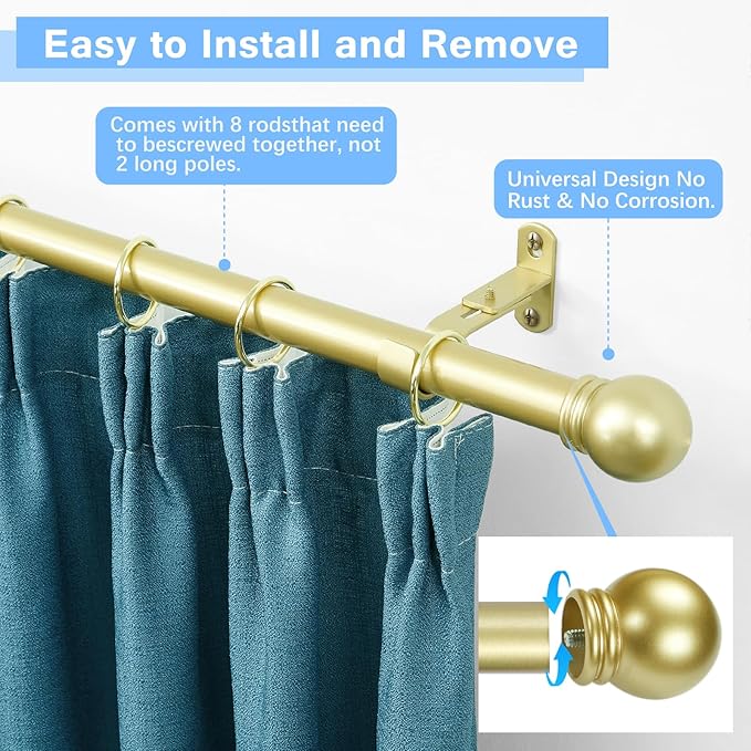 Curtain Rods for Windows 16 to 120 Inches, Curtain Rod Max Adjustable Length of 132 IN, 1" Diameter Drapery Rods Round Finials, Warm Gold, Pack of 1