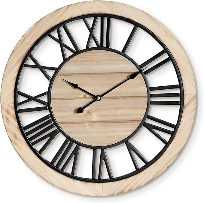 Maxstar 16'' Wall Clock for Living Room Decor, Ultra-Silent Rustic Wooden Farmhouse Wall Clock with Metal & Real Wood Frame, Battery Operated, for Kitchen Bedroom Office, Roman Numerals