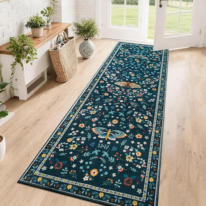 2x6 Runner Rug, Washable Hallway Area Rugs for Bedroom Living Room, Soft Throw Bedside Butterfly Rug for Kitchen, Non Slip Indoor Thin Long Carpet for Entryway Laundry Dorm, Dark Green