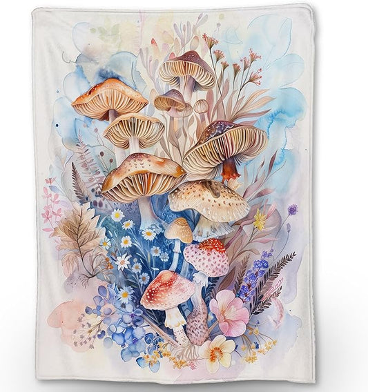 Watercolor Mushroom Blanket - Soft, Cozy, Lightweight Flannel Throw Blankets for Couch, Bed, Travel, Fluffy Decor Perfect for Outdoor Use and Home Decor, for Adults Women Boys Girls 80×60 in