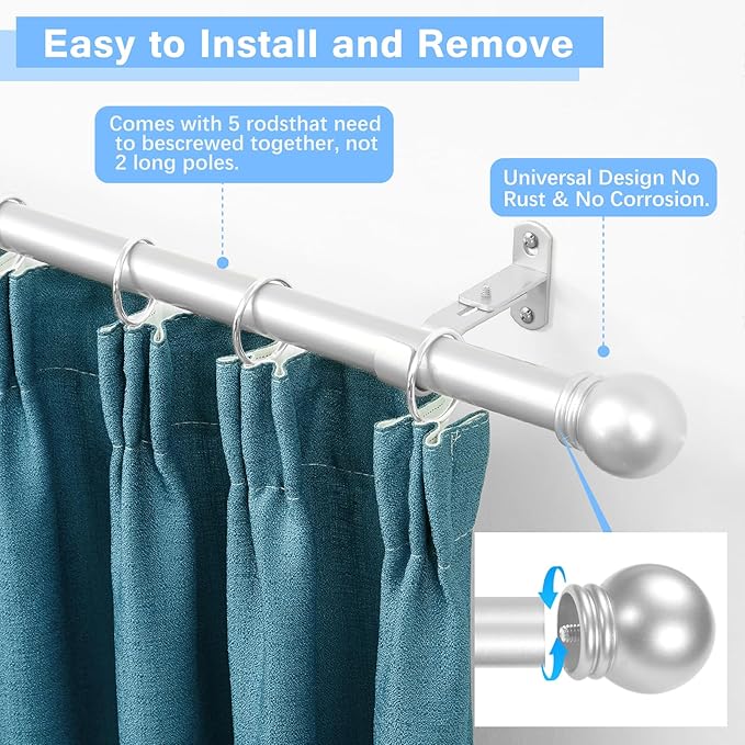 Curtain Rods for Windows 16 to 76 Inches, Curtain Rod Max Adjustable Length of 88 IN, 6/8" Diameter Drapery Rods Round Finials, Satin Silver, Pack of 1