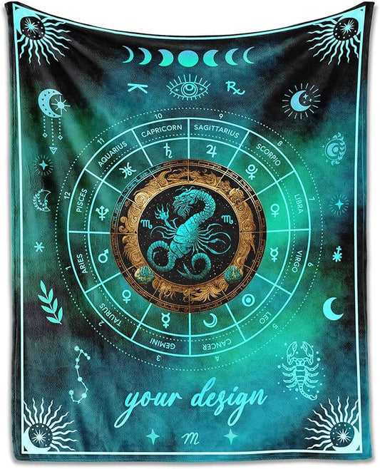 Custom Scorpio Blanket Gifts, 60" x 50" Rectangular Flannel Zodiac Throw Blanket Cozy, Personalized Gift for Boys Girls Teen Women Men Tarot Cards Lovers Birthday Anniversary Festival