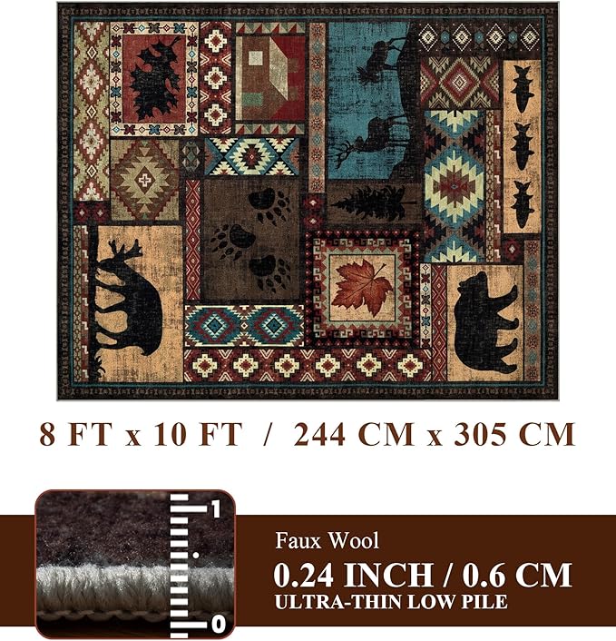 YIHOUSE Rustic Cabin Area Rug 8x10,Machine Washable Lodge Bear Rug,Non-Slip Low Pile Print Pattern Southwestern Rug for Living Room Bedroom