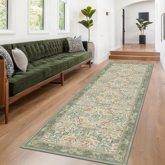 10 ft Long Sage Runner Rugs for Hallways - 3x10 Wide Kitchen Runners, Entryway Rug, with Flowers and Leaves, Washable Non Slip Low Pile