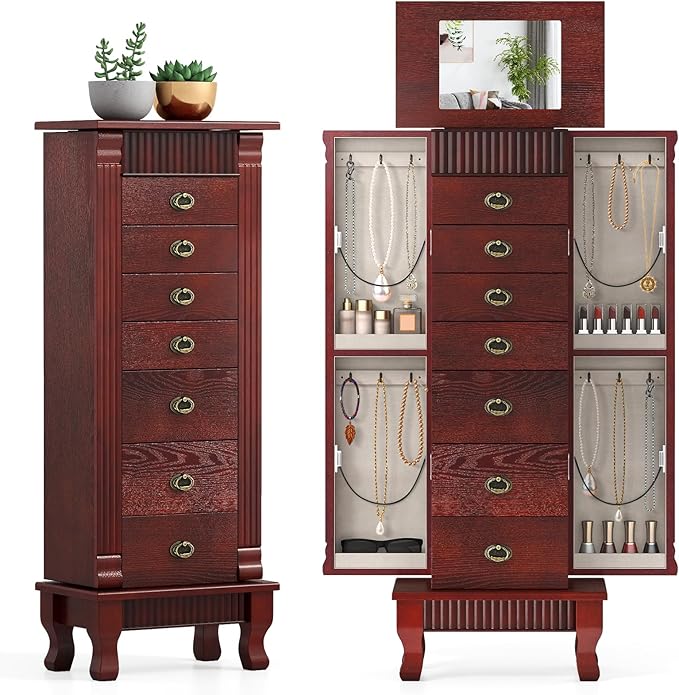 Giantex Standing Jewelry Cabinet with 7 Drawers, Flip-Top Mirror, 2 Side Doors with 12 Necklace Hooks, Divided Ring Compartments, Velvet-Lined Jewelry Armoire Organizer Chest (Cherry)