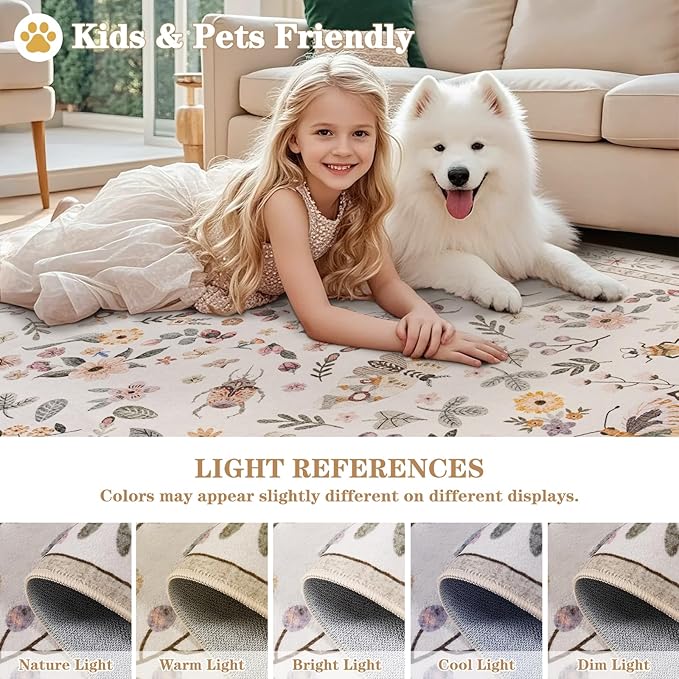 Rug for Living Room 6x9, Washable Area Rugs for Bedroom, Soft Thin Non Slip Indoor Low Pile Carpet for Dining Room, Large Throw Floral Butterfly Carpets for Office Nursery Home Decor, Beige