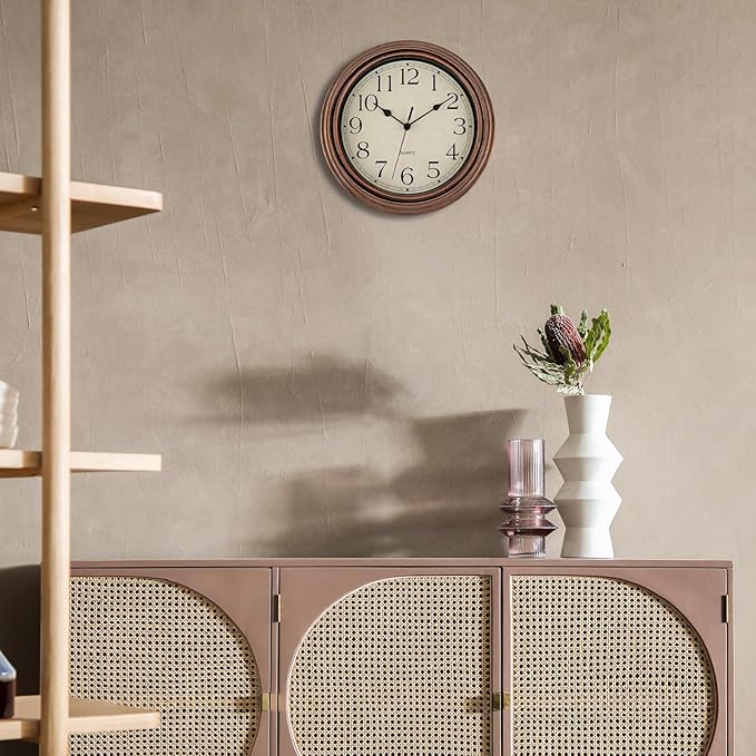 Foxtop Vintage Copper Wall Clock 12 Inch Silent Non Ticking Battery Operated Quartz Round Retro Wall Clock Decorative for Kitchen Bedroom Living Room Office Classroom