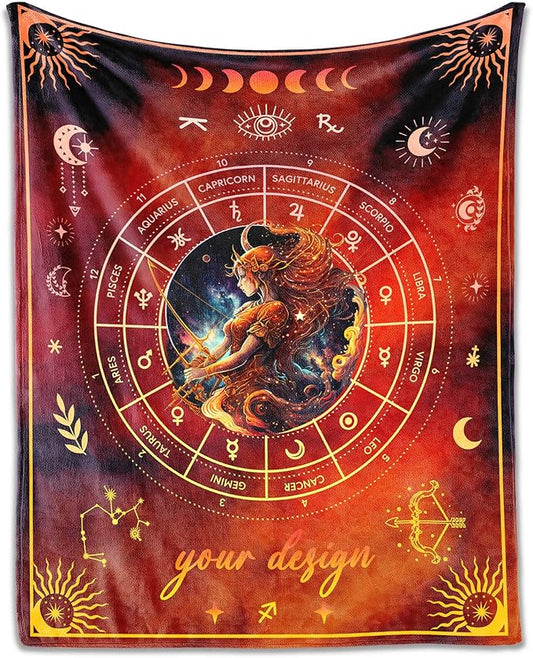 Custom Sagittarius Blanket Gifts, 50" x 40" Rectangular Flannel Zodiac Throw Blanket Cozy, Personalized Gift for Boys Girls Teen Women Men Tarot Cards Lovers Birthday Anniversary Festival