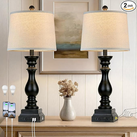 28" Farmhouse Table Lamps Set of 2 with USB C+A Ports and AC Outlet, 3 Way Touch Tall Vintage Bedside Lamp for Living Room, Black Rustic Nightstand Lamp for Bedroom Office