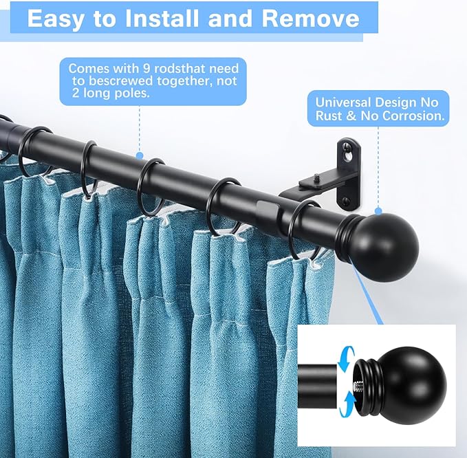 Curtain Rods for Windows 16 to 136 Inches, Curtain Rod Max Adjustable Length of 144 IN, 1" Diameter Drapery Rods Round Finials, Black, Pack of 2