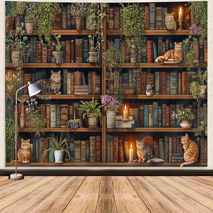 GOAOK Magic Library Tapestry, Green Nature Plant Bookshelf Tapestries for Classroom, Vintage Retro Witchy Library Book Gothic Academics Cat Tapestry for Bedroom Living Room Dorm Office 40X30 Inch