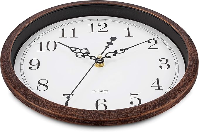 Bernhard Products Wall Clock 10 Inch Silent Non Ticking Movement Quality Quartz Battery Operated Round Easy to Read Decorative Brown Home/Kitchen/Office/Bedroom/Classroom/School Clocks, Black Numbers