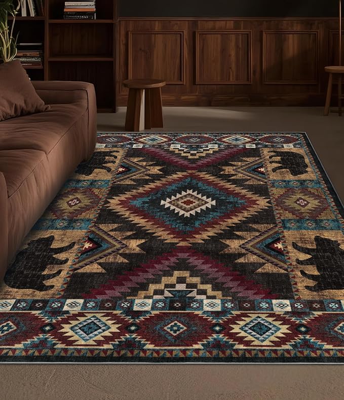 YIHOUSE Rustic Cabin Area Rug 4x6,Machine Washable Lodge Bear Rug,Non-Slip Low Pile Print Pattern Western Aztec Rug for Living Room Bedroom