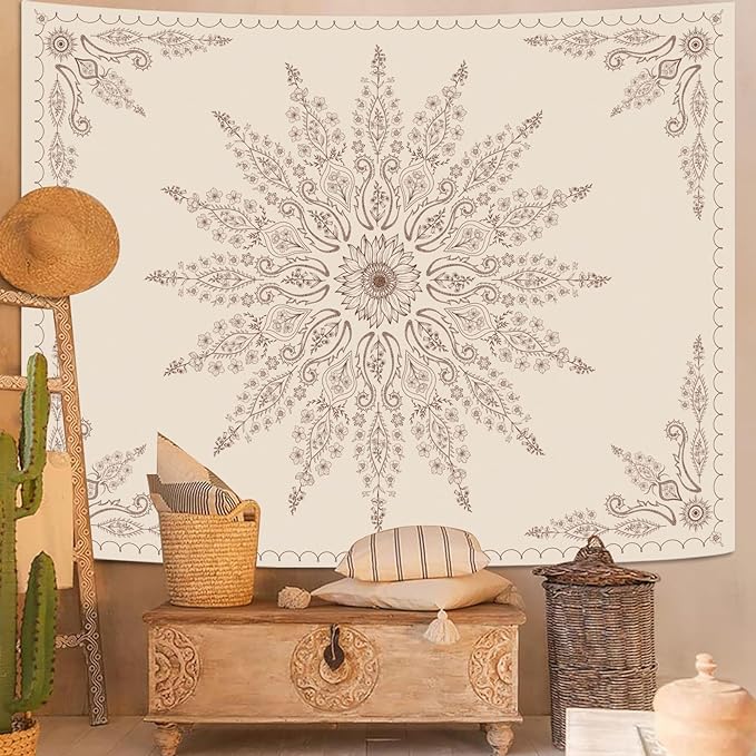 Fowocu Boho Floral Mandala Tapestry for Bedroom Aesthetic Bohemian Flower Wall Tapestry Beige Hippie Indian Large Tapestries Wall Hanging for Living Room Dorm Decor 80 x 60 Inch