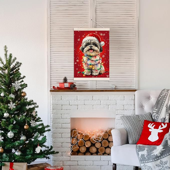 Funny Christmas Shih Tzu Poster Hanger with Wood Frame, Christmas Dog Wall Art Decor for Home, Shih Tzu Gift for Women, Xmas Shihtzu Posters for Bedroom Living Room Decor, 12x16 Inch