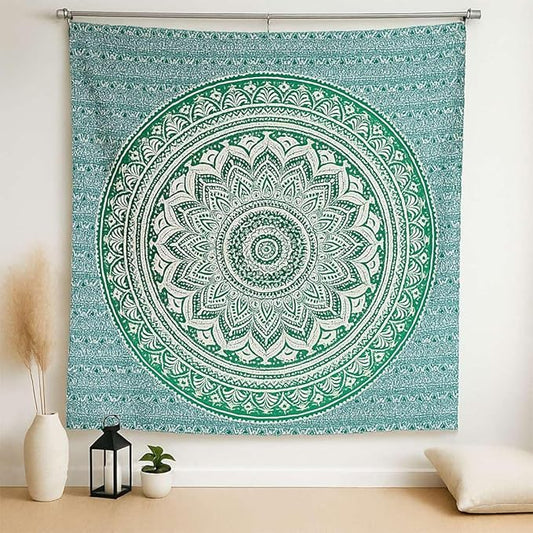 kaarigarh Handicrafts - Bohemian Mandala Tapestry Wall Hanging – Large Turquoise Ombre Indian Cotton Wall Art for Bedroom, Living Room, Dorm Decor & Meditation Space(Sea Green,90X84)