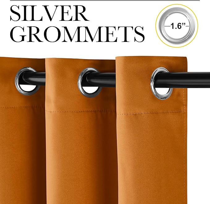 NICETOWN Room Darkening Cafe Satin Curtains for Small Windows, 42" Wide by 63" Long, 2 Panels, Orange, Grommet Privacy Faux Silk Blackout Drapes for Bedroom