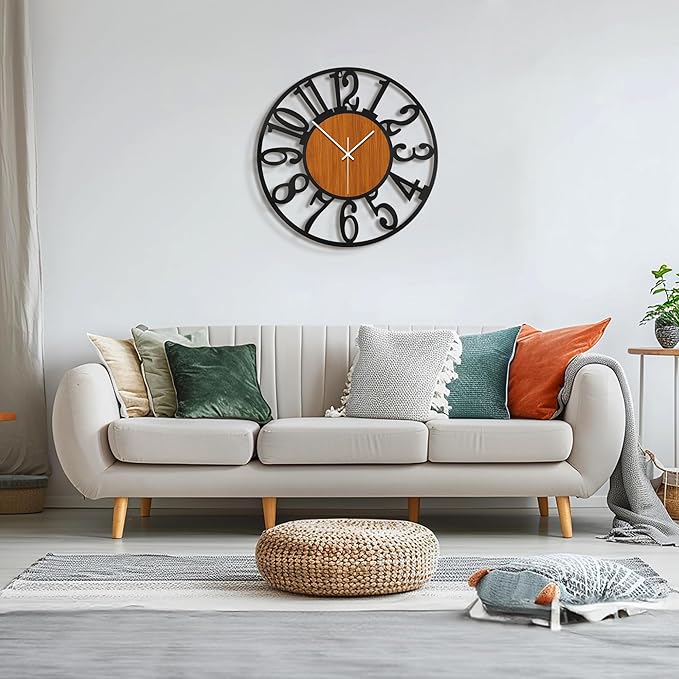 Maxstar Large Round Wall Clock for Living Room Decor Battery Operated Non Ticking Black Metal Wood Clocks for Home Living Room Garden Office Kitchen Decoration -32 inch