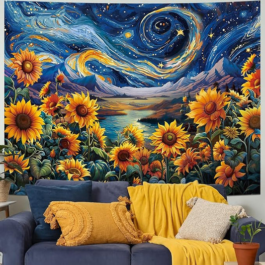 Yuiqear Sunflower Starry Sky Tapestry Galaxy Space Wall Tapestries Psychedelic Mountain River Tapestries Fantasy Landscape Tapestry for Bedroom Decor