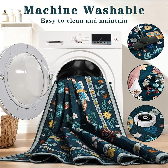 2x6 Runner Rug, Washable Hallway Area Rugs for Bedroom Living Room, Soft Throw Bedside Butterfly Rug for Kitchen, Non Slip Indoor Thin Long Carpet for Entryway Laundry Dorm, Dark Green