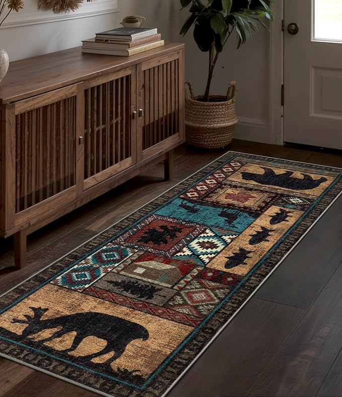 Hallway Runner Rug 2x6 Indoor Door Mat - Bear Rustic Cabin Non-Slip Entryway Rug, Low Pile Tribal Print for Kitchen, Bedroom