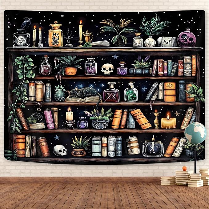 Bookshelf Tapestry Magical Library Witchy Tapestries, Vintage Fantasy Dark Bookshelf Hippie Cool Wall Tapestries Gothic Skull Black Cat Book Aesthetic Decor for Study Classroom, 60X40