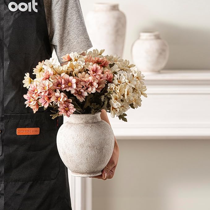 Ceramic Flower Vase, 6.7 Inch White Rustic Farmhouse Decorative Vase Pottery Pampas Grass Vases for Home Decor Table Living Room Entryway Mantel Bookshelf Bedroom Bathroom Kitchen - Rustic White