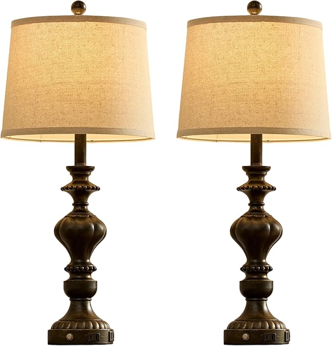 27.5" Farmhouse Table Lamps Set of 2 Bedside Lamp with USB C+A Ports & AC Outlet, 3 Way Dimmable Touch Lamps for Living Room Bedroom Office Hallway Rustic Nightstand Traditional Lamp