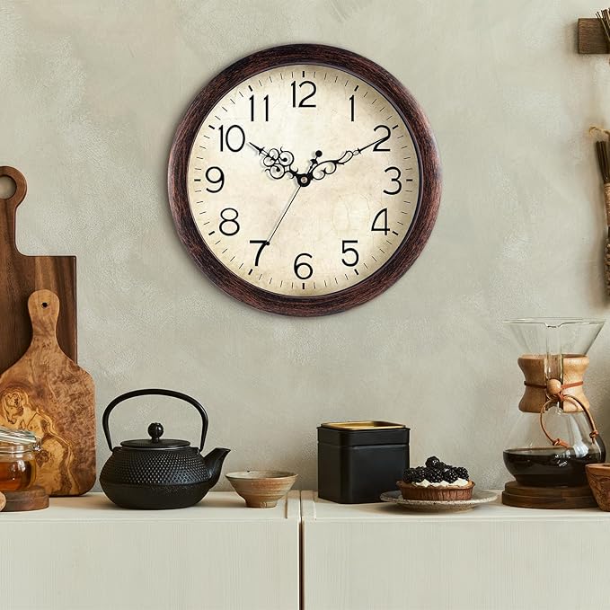 Wall Clock 12 Inch Vintage Wall Clocks Battery Operated Quartz Silent Non-Ticking Retro Rustic Style Clock Decorative for Living Room, Home Office, Kitchen,Bedroom (Bronze)