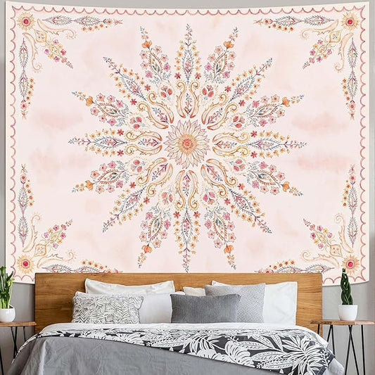 Fowocu Boho Floral Mandala Tapestry for Bedroom Aesthetic Pink Bohemian Flower Wall Tapestry Watercolor Hippie Indian Extra Large Tapestries Wall Hanging for Living Room Dorm Decor 90 x 68 Inch