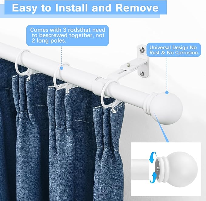 Curtain Rods for Windows 16 to 48 Inches, Curtain Rod Max Adjustable Length of 60 IN, 1" Diameter Drapery Rods Round Finials, White, Pack of 1