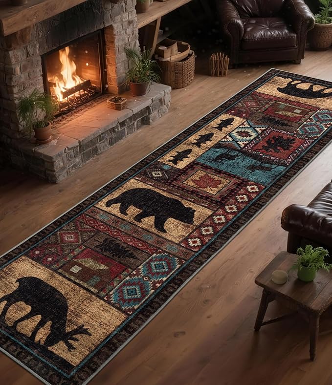 Rustic Cabin Runner Rug 2x8 Indoor Door Mat - Bear Non-Slip Entryway Runner Rug, Low Pile Tribal Print for Kitchen, Bedroom