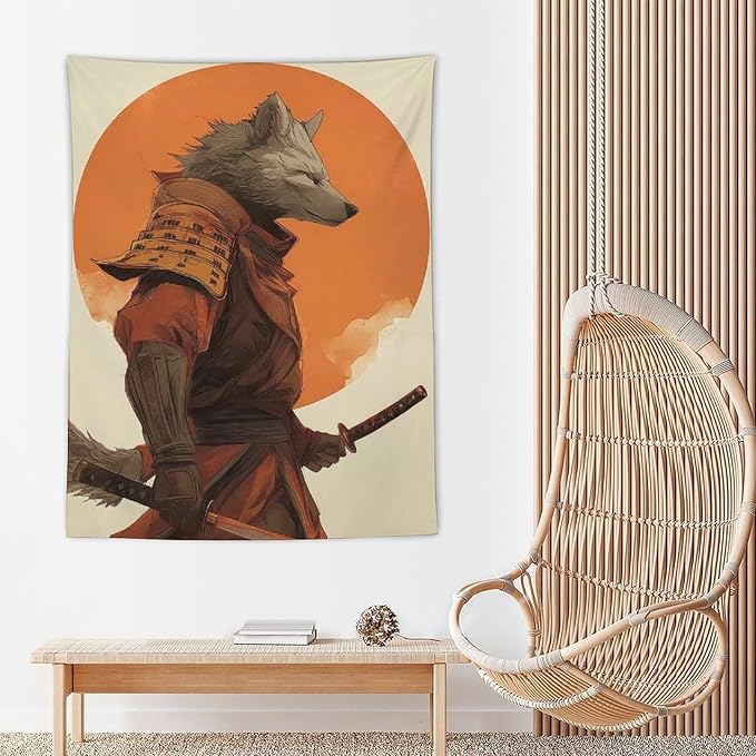 JYOUQOC Wolf Samurai Tapestry Flag Backdrop Wall Hanging Large Wall Art Decor for Dorm Office Bedroom Living Room 60"×80"