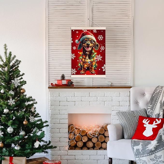 Funny Christmas Dachshund Poster Hanger with Wood Frame, Christmas Weiner Dog Wall Art Decor for Home, Dachshund Gifts for Women Men, Xmas Dog Posters for Bedroom Living Room Decor, 12x16 Inch