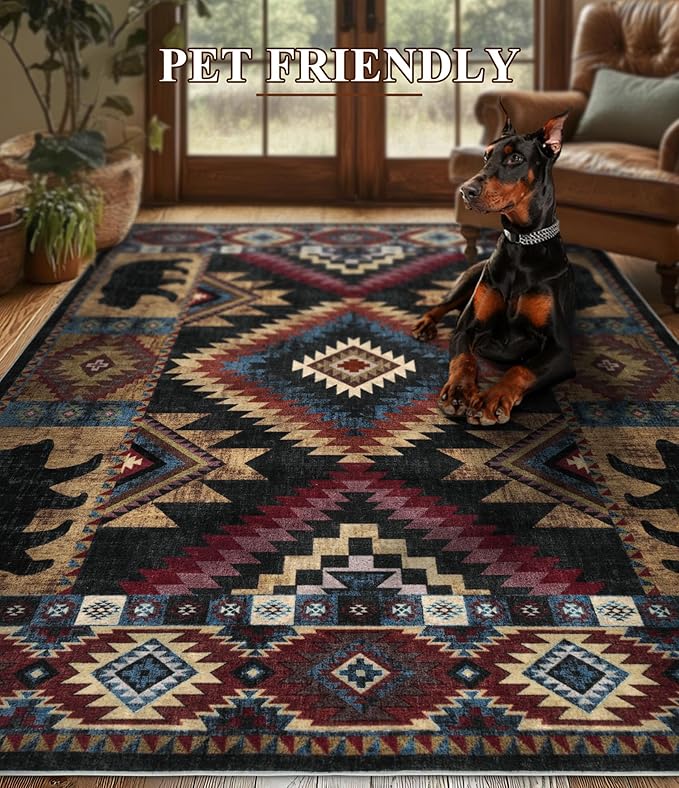 YIHOUSE Rustic Cabin Area Rug 4x6,Machine Washable Lodge Bear Rug,Non-Slip Low Pile Print Pattern Western Aztec Rug for Living Room Bedroom