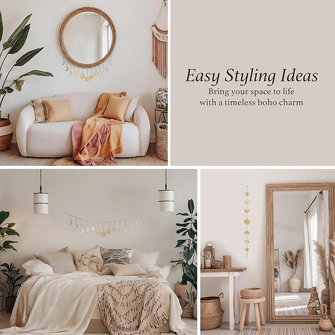 BASE ROOTS Moon Phase Wall Decor, Gold Wall Art for Bedroom, Bohemian and Astrology, Witchy Aesthetic 36" 13 Phases Metal Moon Wall Garland, Celestial Decoration, Gift for Women & Kids