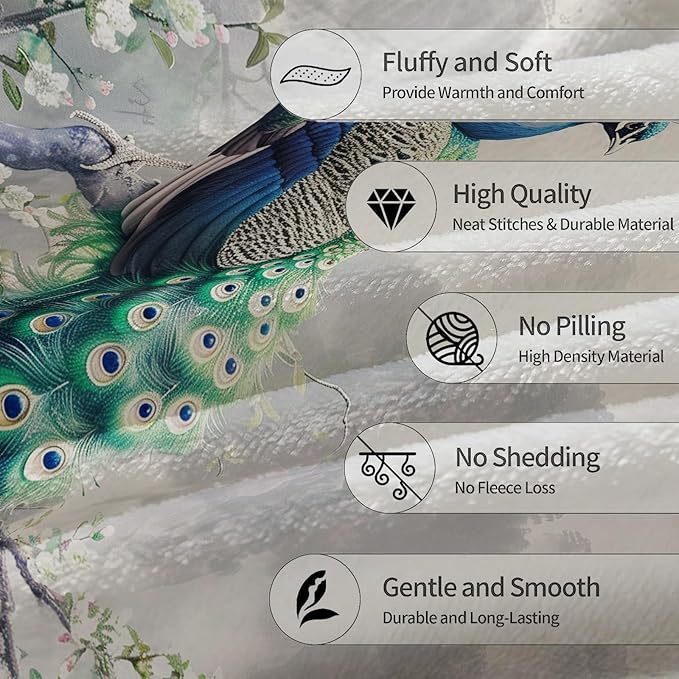 Peacock Blanket - Soft, Cozy, Lightweight Flannel Throw Blankets for Couch, Bed, Travel, Fluffy Decor Perfect for Outdoor Use and Home Decor, Flowers Design for Adults Women Girls 50×40 in